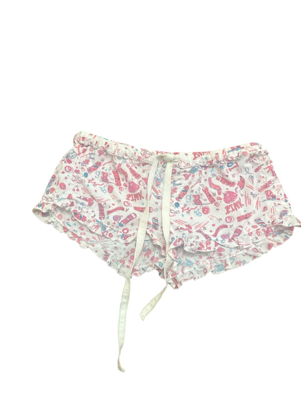PINK Victoria's Secret White Shorts with Pink & Blue Novelty Print